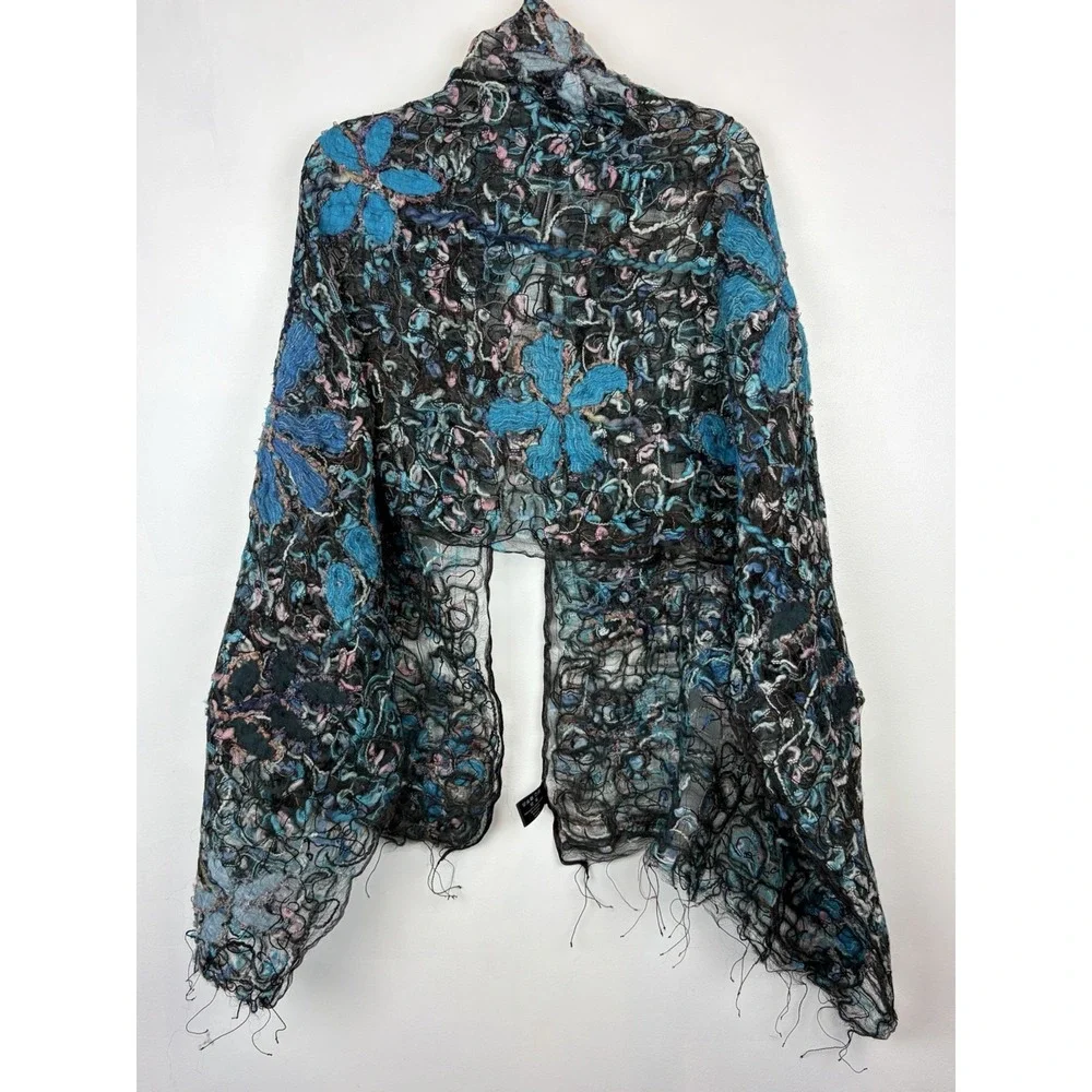 Artisan Silk Scarf Blue Hand Felted India Womens OS Artsy Boho Hippie Rectangle